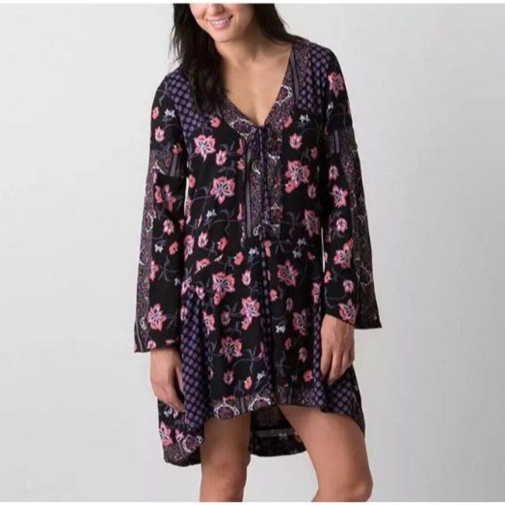 Anna Sui O'Neill Boho Black Purple Mixed Print Dress Rayon Sz XS